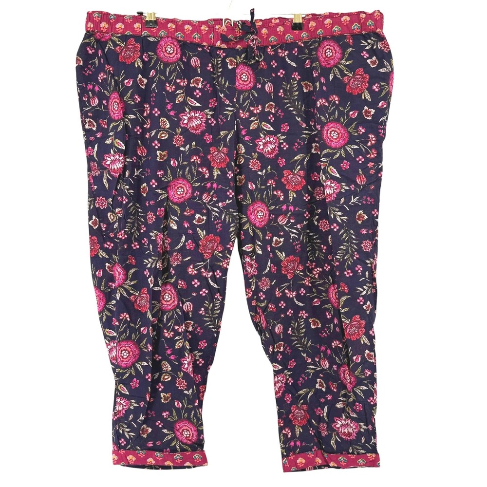 Sundance XXL Navy Pink Floral Cotton Pull On Lounge Pants Drawstring PJ's Boho